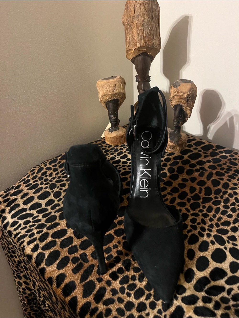 Calvin Klein Black Suede Pointed Toe Ankle-Strap Pumps